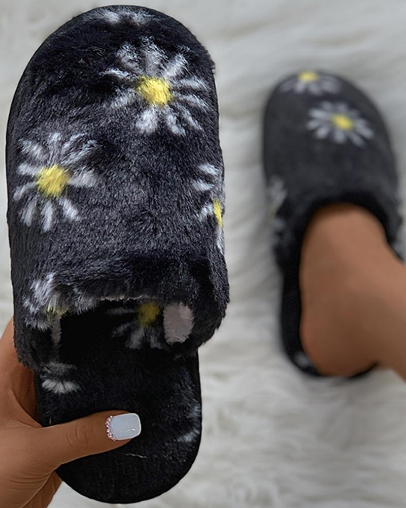 

Daisy Print Close Toe Fluffy Slippers, Black