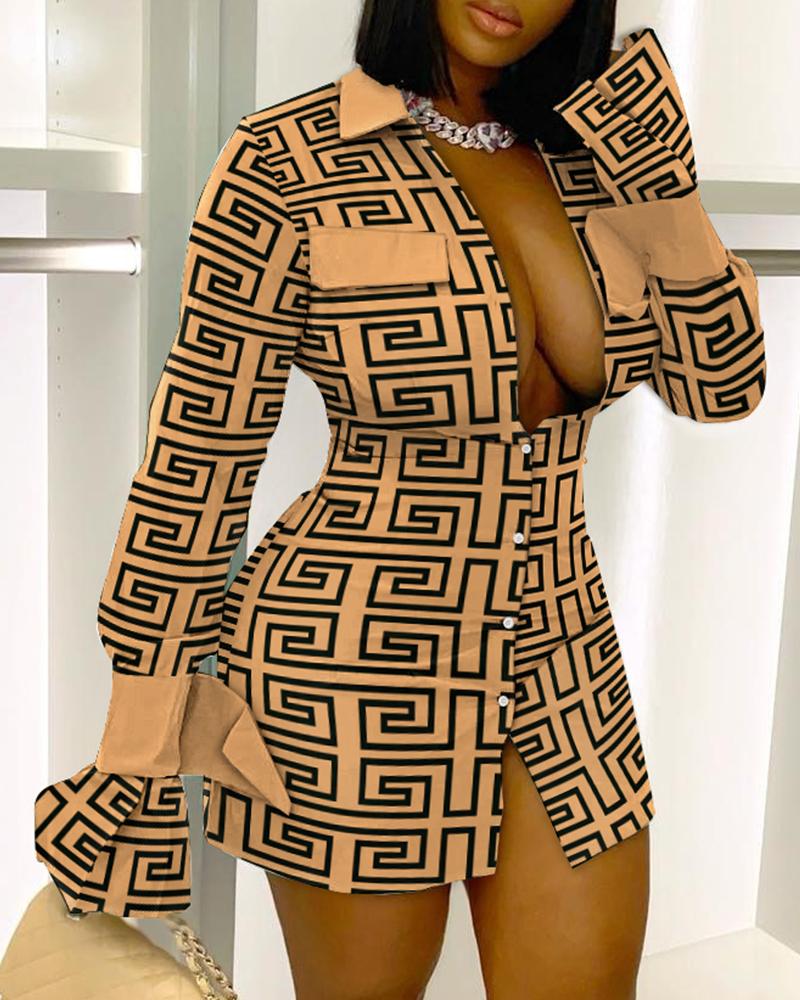 

Geometric Print Long Sleeve Button Down Shirt Dress, Brown