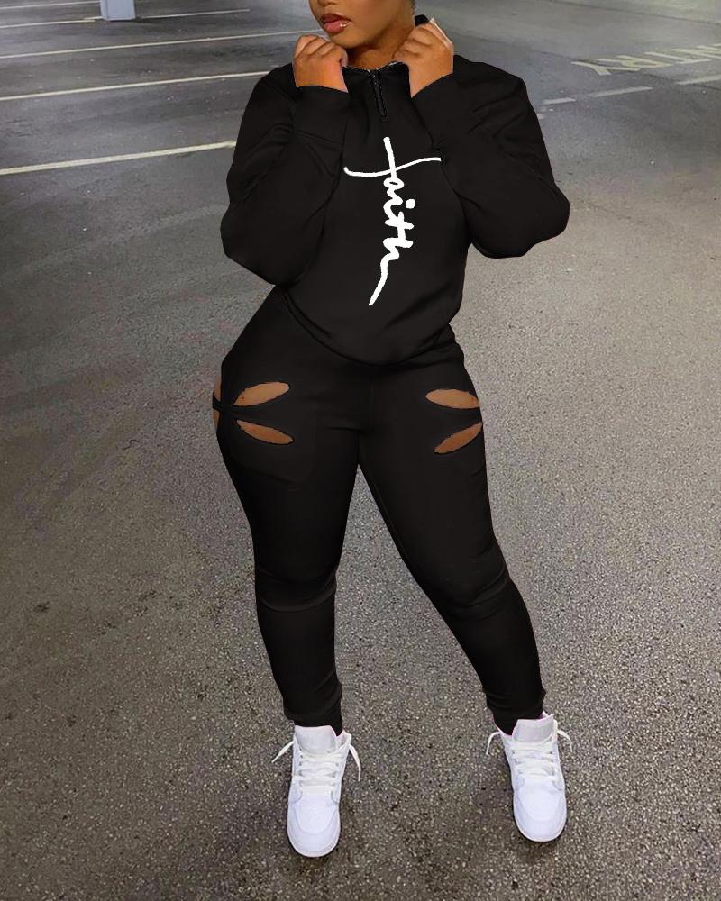 

Letter Print Long Sleeve Top & Cutout Pants Set, Black