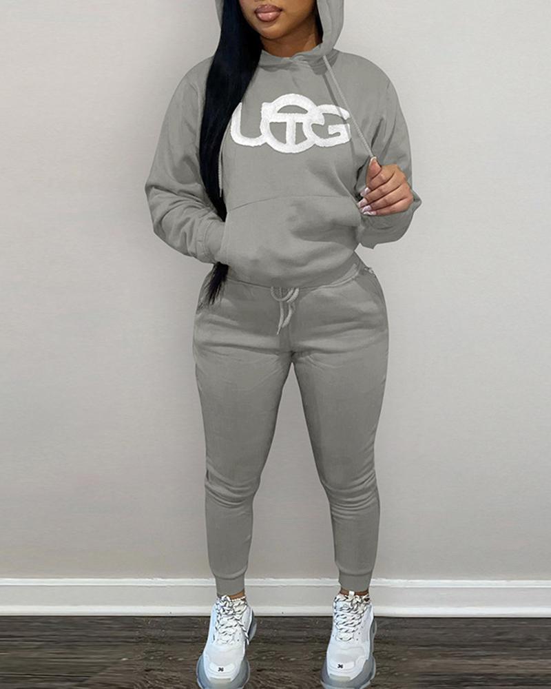 

Letter Print Hooded Sweatshirt & Drawstring Pants Set, Gray