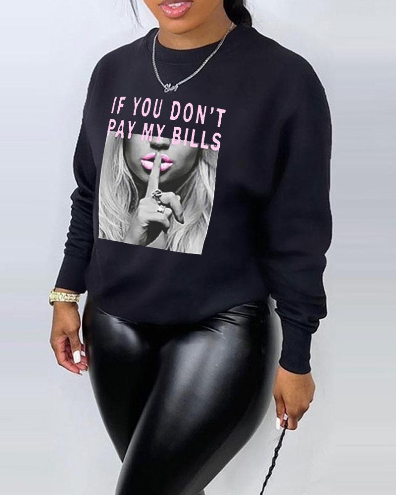 

Plus Size Slogan Print Long Sleeve Sweatshirt, Black