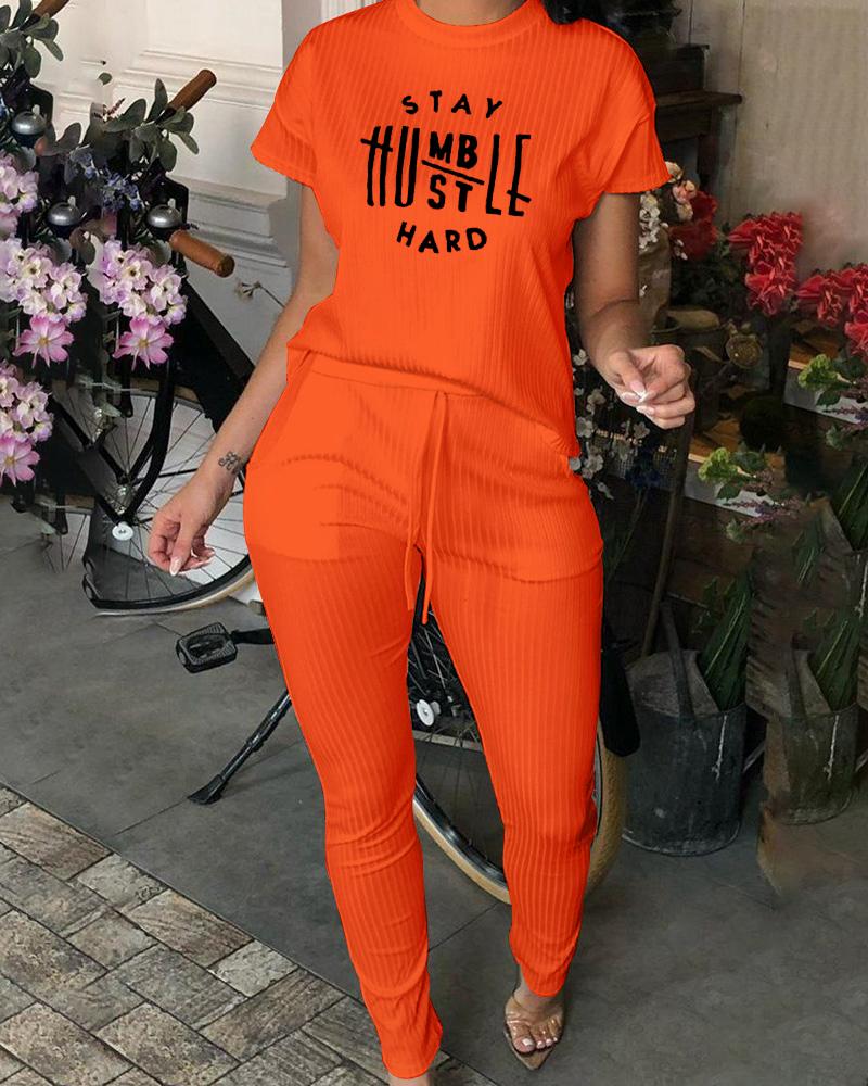 

Letter Print Casual Top & Drawstring Pants Set, Orange
