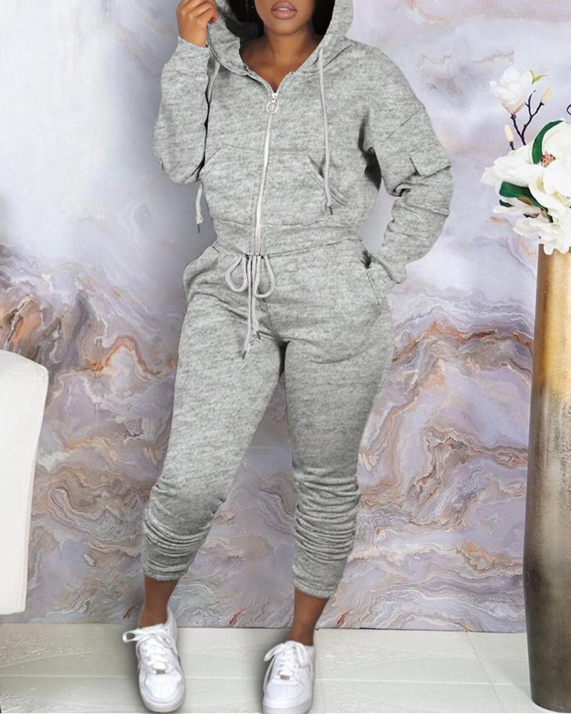 

Zipper Design Hooded Top & Drawstring Pants Set, Gray