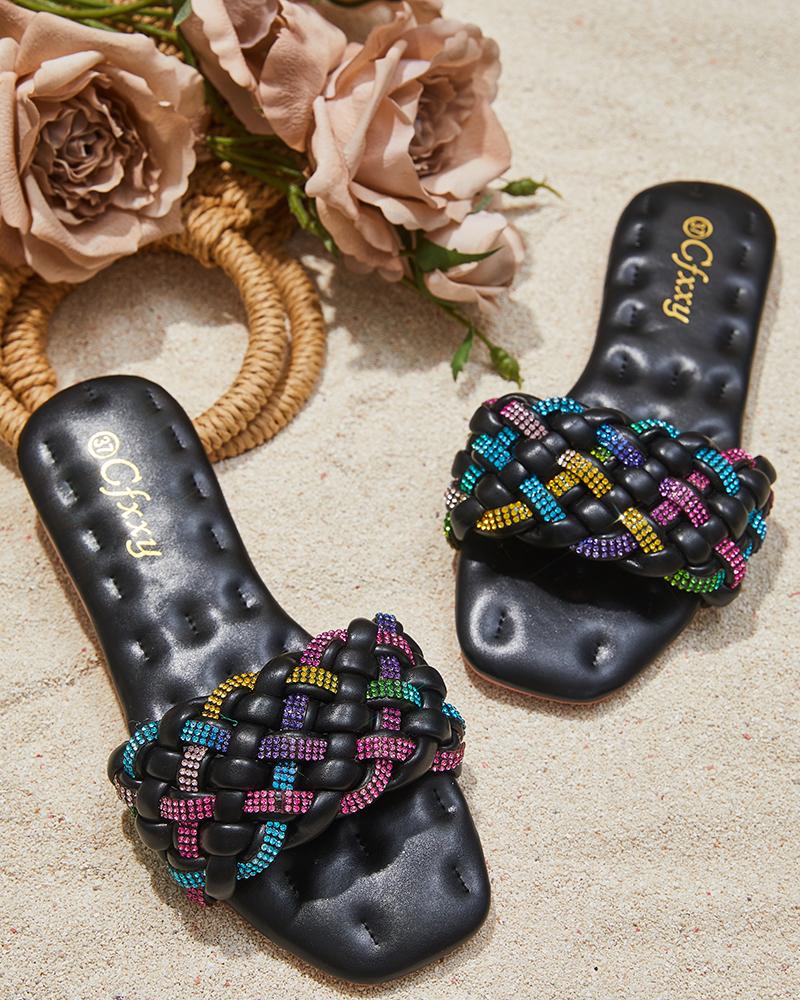 

Braided Colorblock Rhinestone Square Toe Slippers, Black