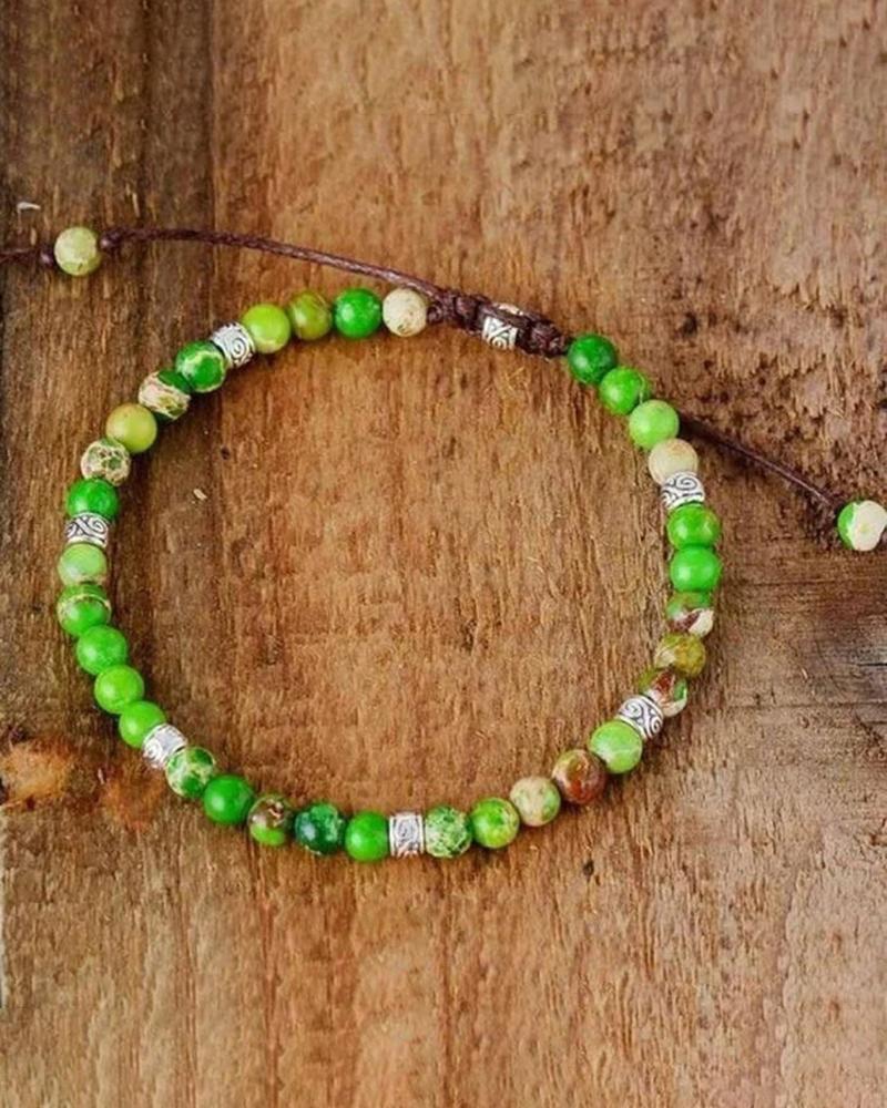 

1pc Adjustable Braided Strap Natural Stone Beaded Bracelet, Green