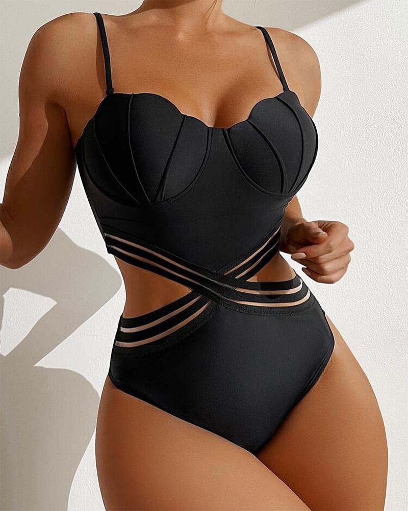 

Contrast Mesh Cutout One-Piece Swimsuit, Black