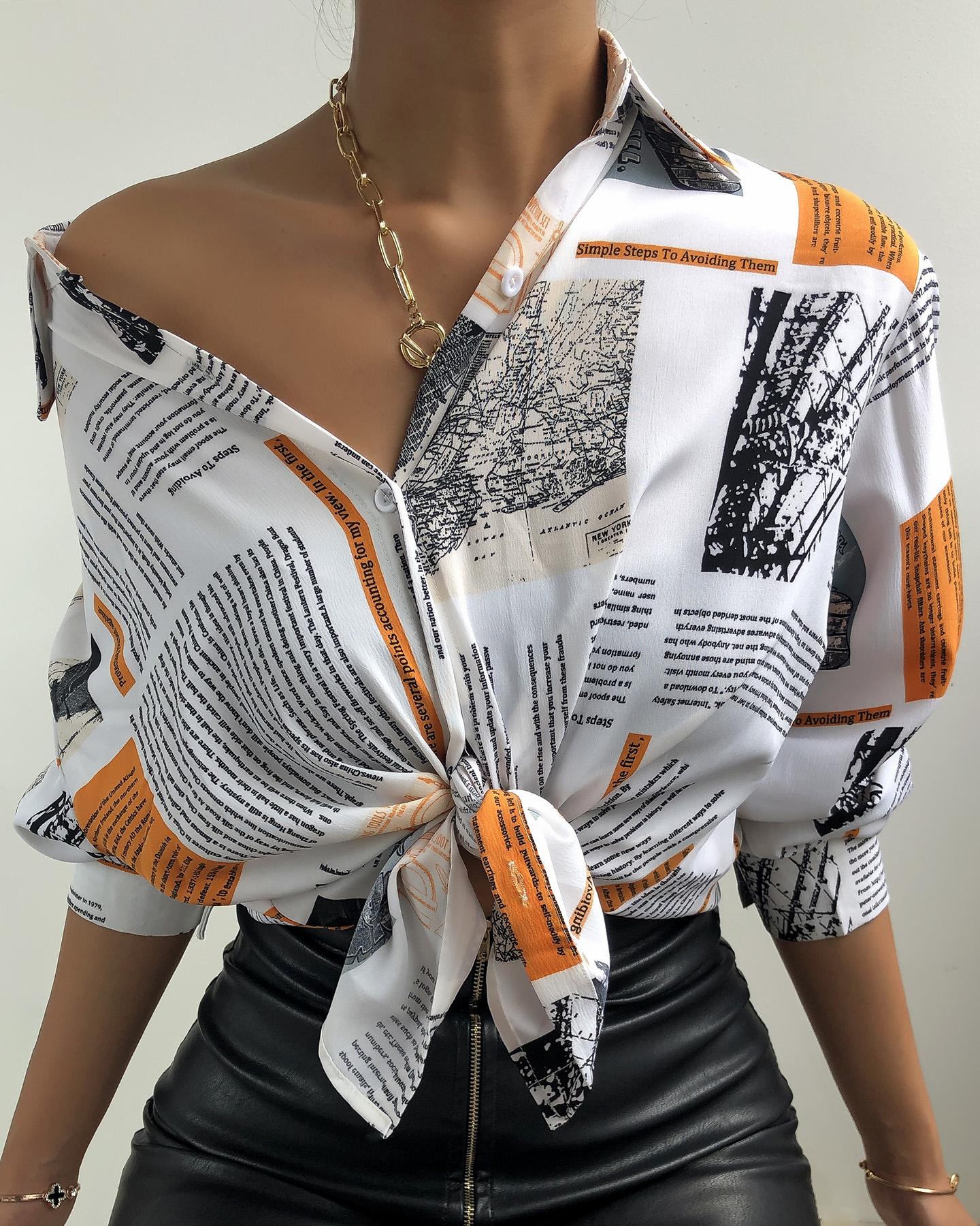 

Newspaper Print Button Design Lantern Sleeve Shirt, White