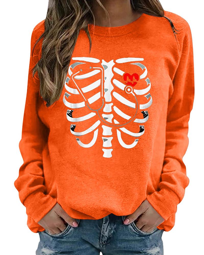 

Halloween Long Sleeve Skeleton Print Top, Orange