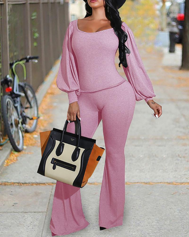 

Ribbed Lantern Sleeve Top & Pants Set, Pink