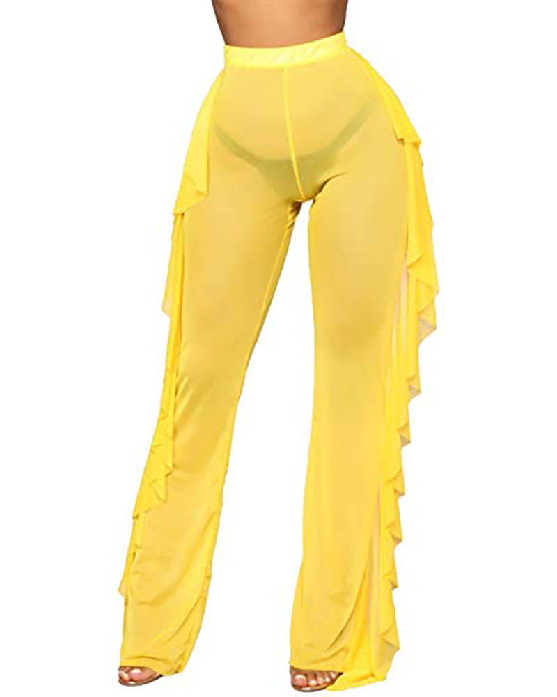 

Mesh Ruffle Hem Design Long Pants, Yellow
