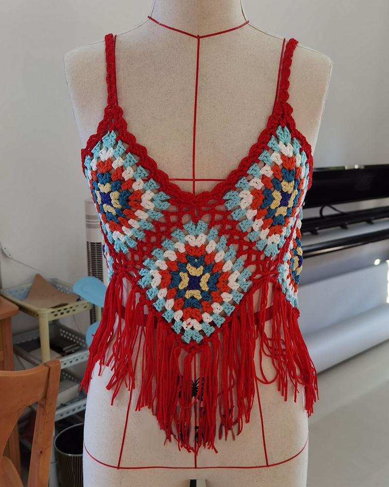 

Tassel Design Beach Cover Up Geometric Crochet Top, Red