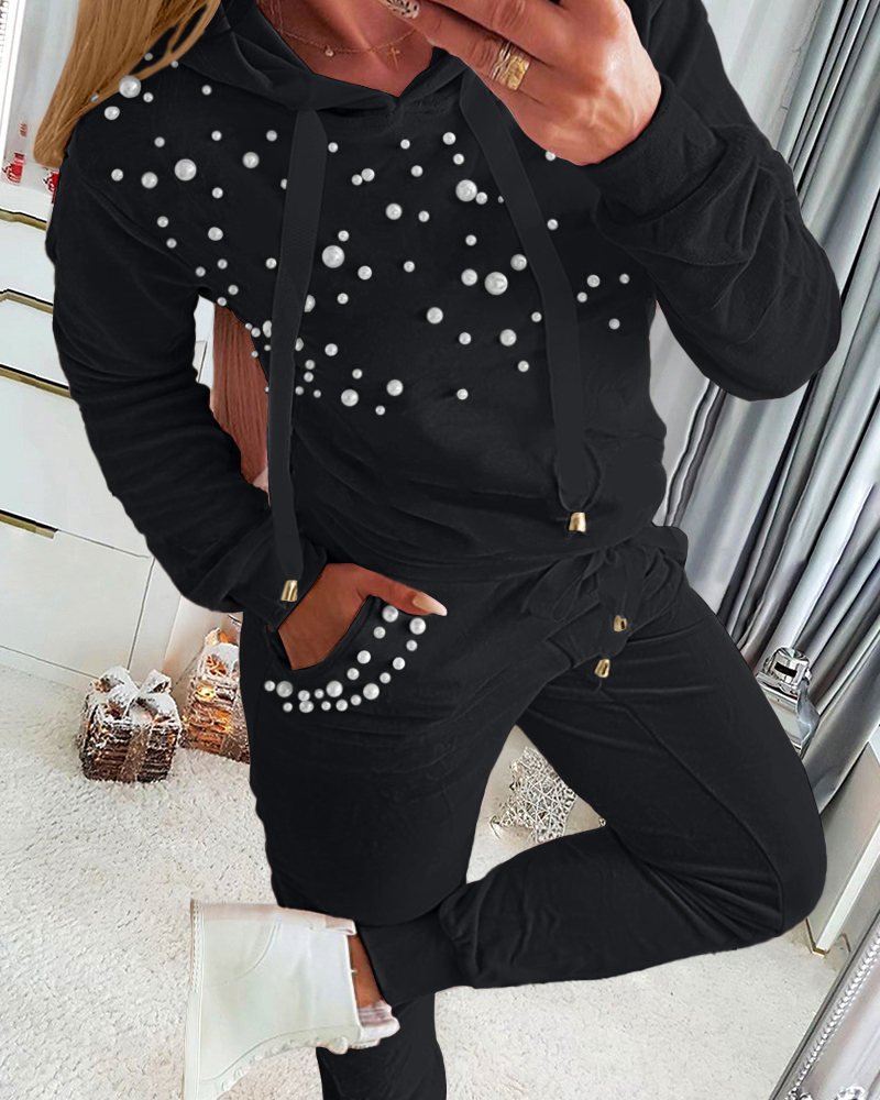 

Conjunto de 2 piezas de talla grande, liso, de manga larga, con capucha y detalles de cuentas, pantalones casuales con cintura con cordón y bolsillos., Black