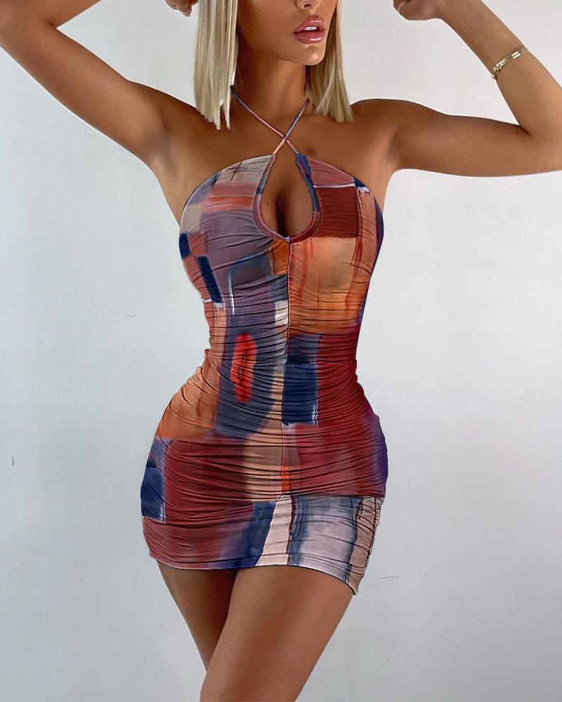 

Halter Cutout Front Abstract Ruched Bodycon Dress, Multicolor