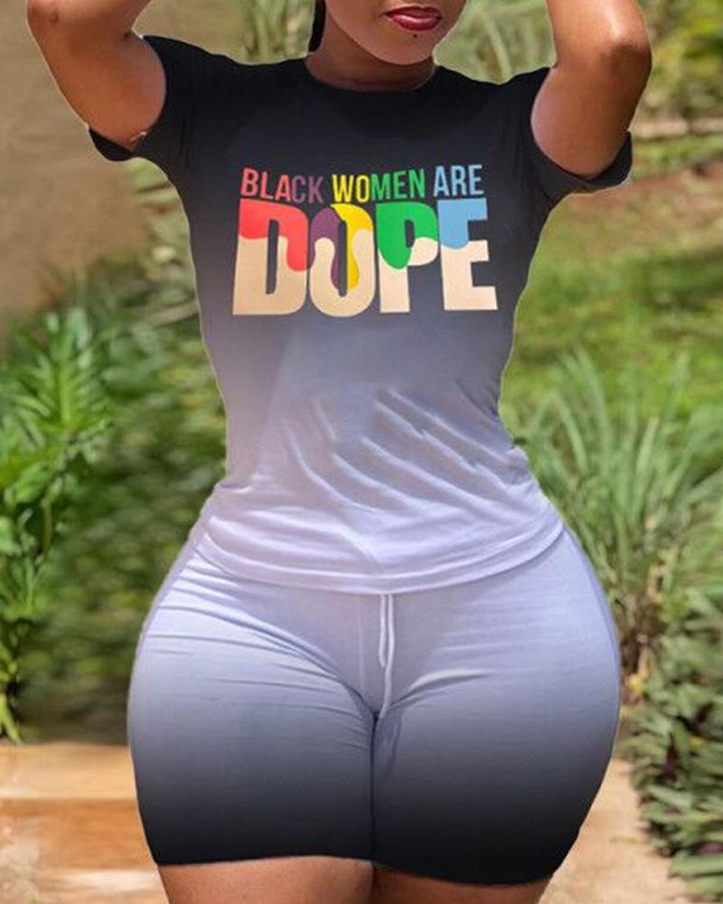 

Gradient Splicing Multicolor Letter Print Short Sleeve T-shirt With Short Pants Suit Sets, Black