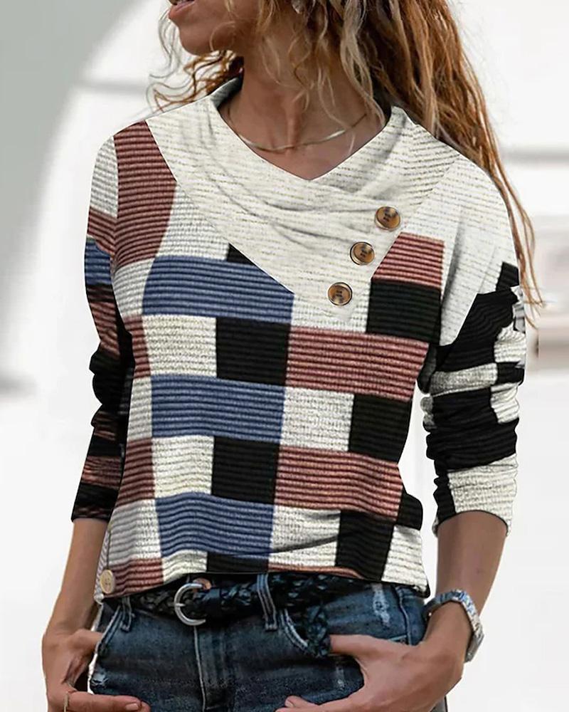 

Geometric Print Button Decor Long Sleeve Top, White