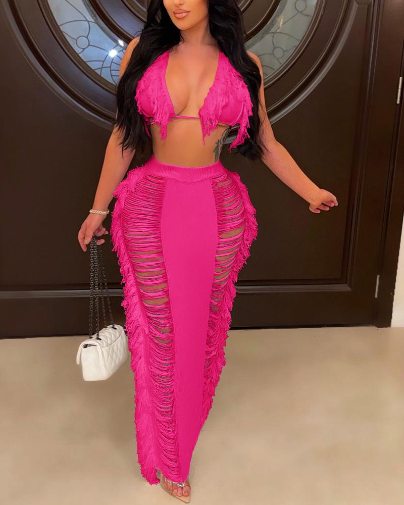 

Tassel Design Top & Ladder Cutout Cover Up Skirt Set, Hot pink