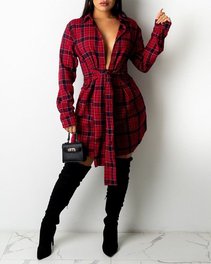 

Plaid Print Tie Front Button Down Shirt Dress, Red
