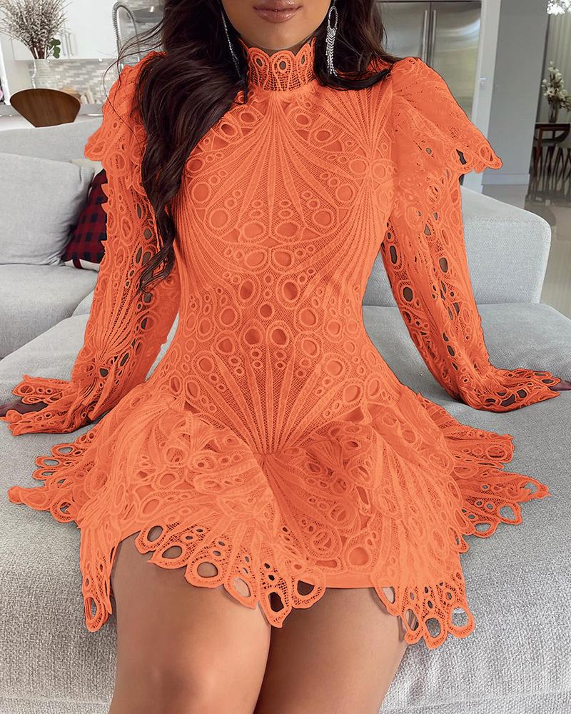 

Eyelet Embroidery Bell Sleeve Lace Dress, Orange