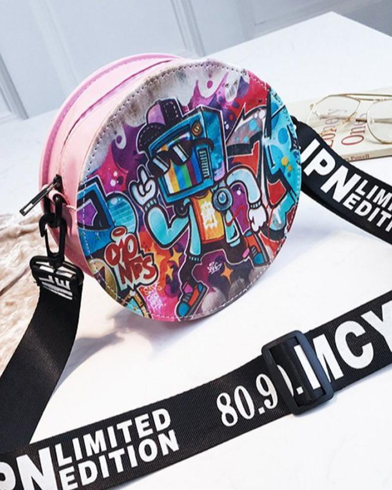 

Zipper Design Graphic Print Circle Crossbody Bag, Pink
