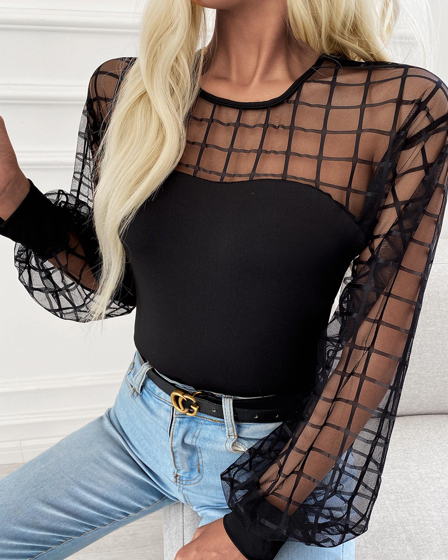 

Sheer Mesh Plaid Print Lantern Sleeve Top, Black