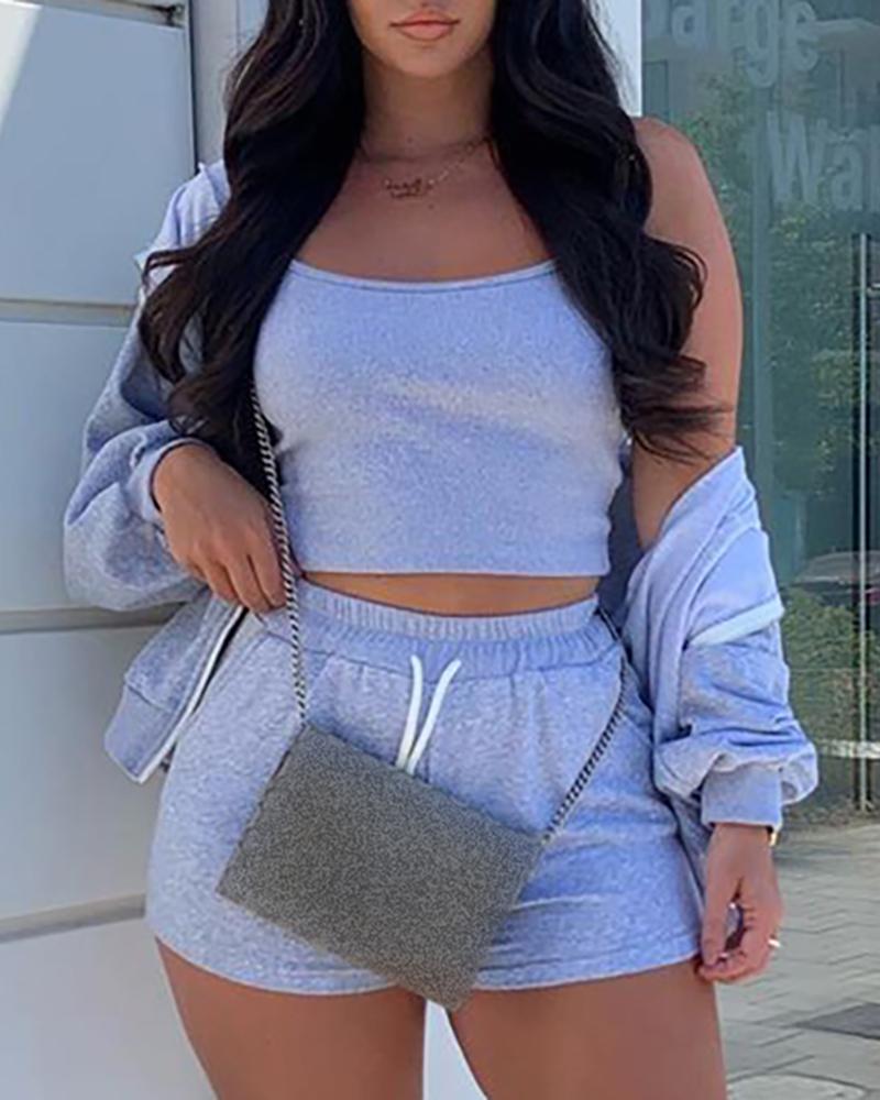 

U-Neck Crop Top & Casual Shorts Set With Coat, Gray