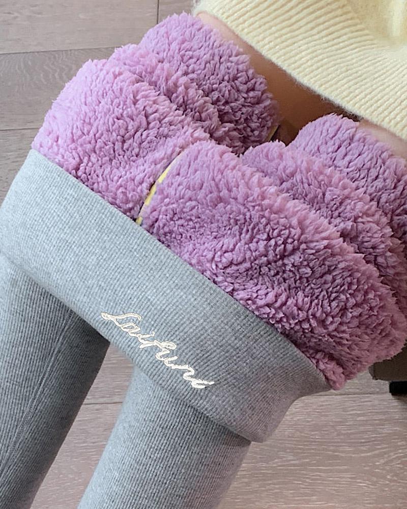 

Letter Embroidery High Waist Thermal Warm Fleece Lined Leggings, Light gray