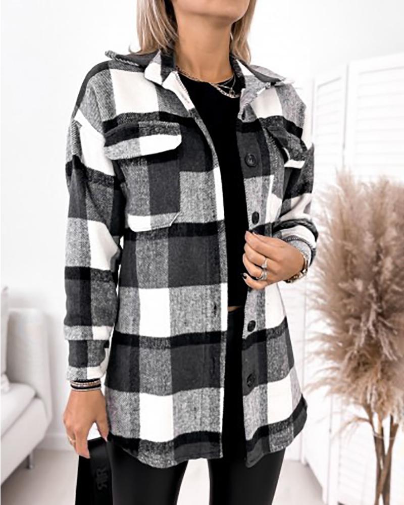 

Lantern Sleeve Plaid Print Pocket Button Design Shacket, Black