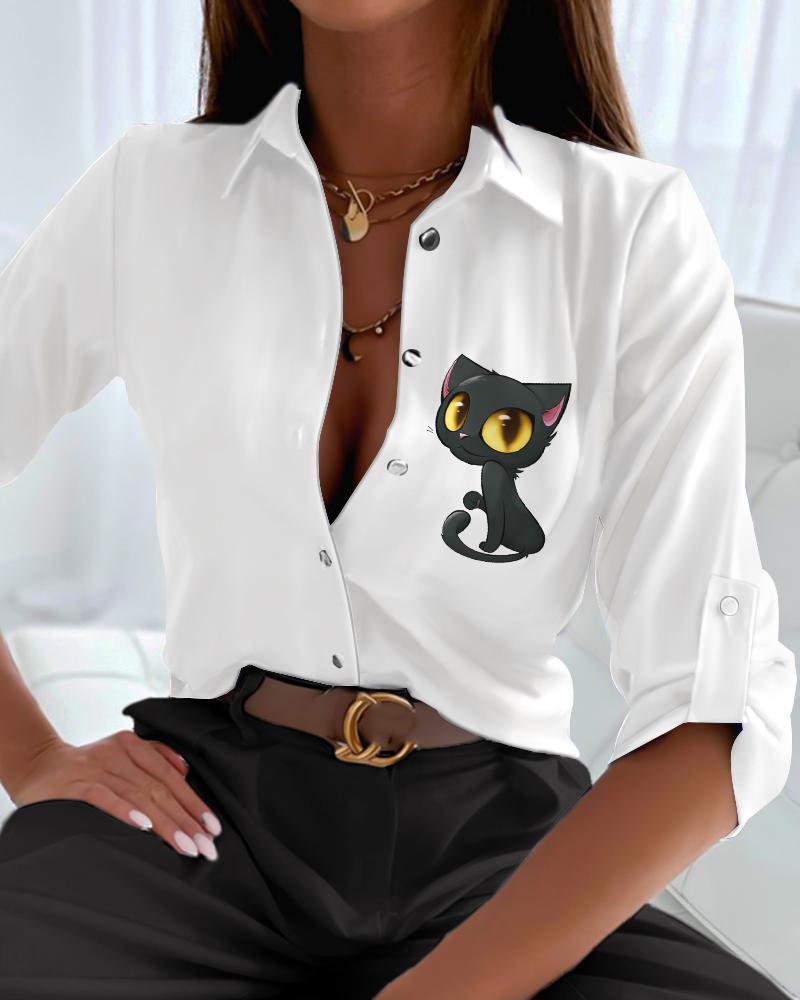 

Halloween Cat Print Roll Tab Sleeve Button Down Shirt, White