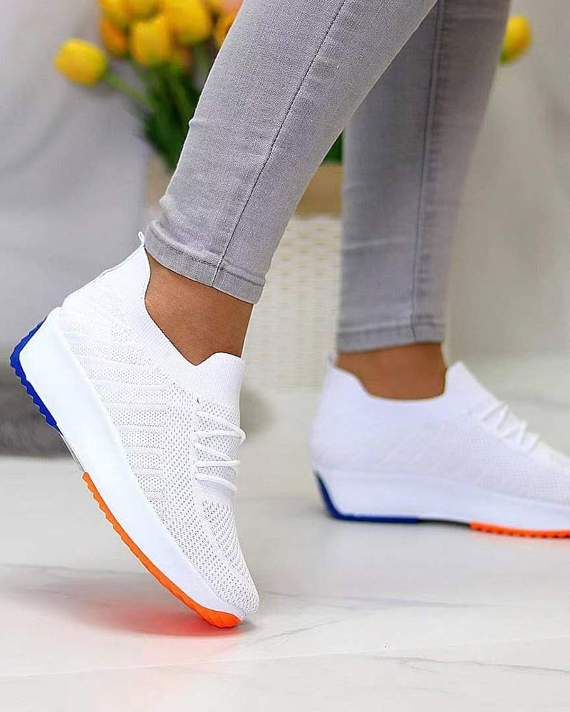 

Lace-up Contrast Paneled Knit Slip On Sneakers, White