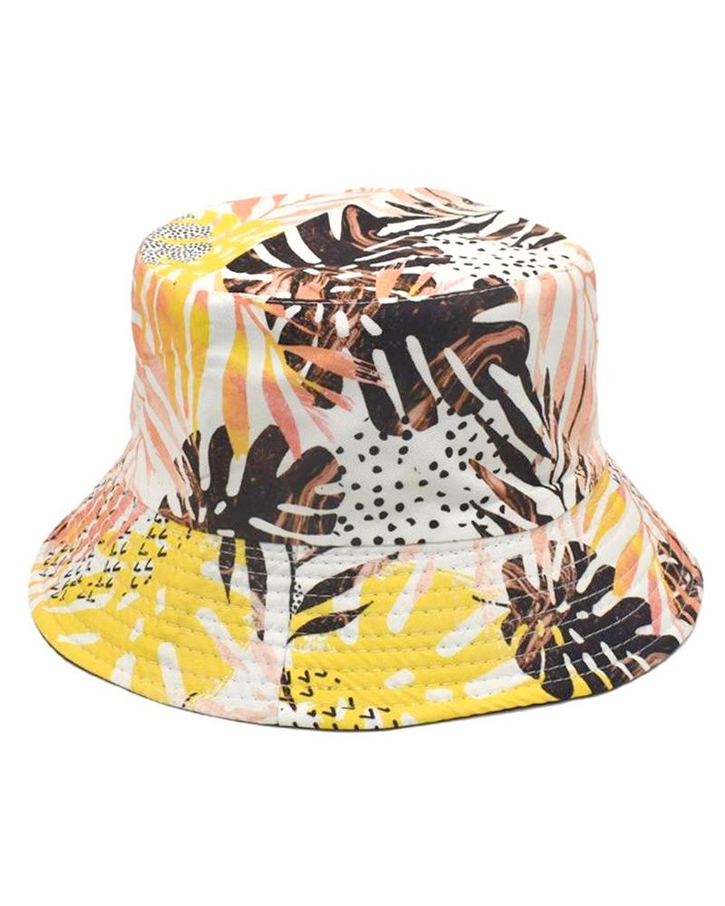 

Palm Leaf Print Reversible Bucket Hat, Yellow