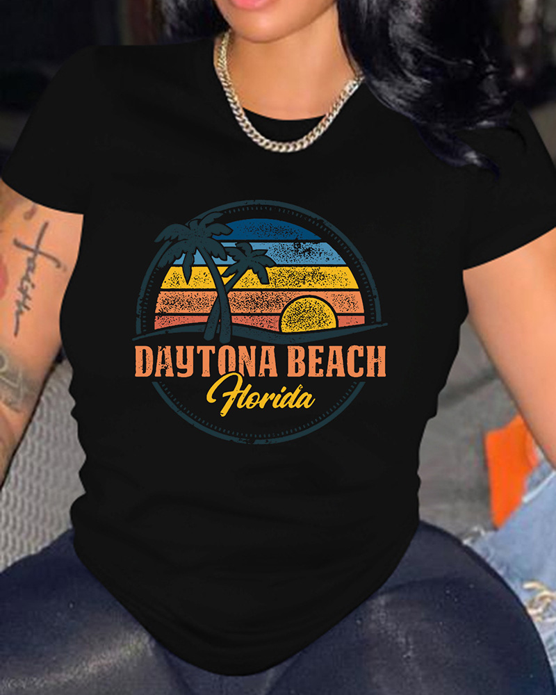 

O-Neck Landscape Letter Print T-shirt, Black