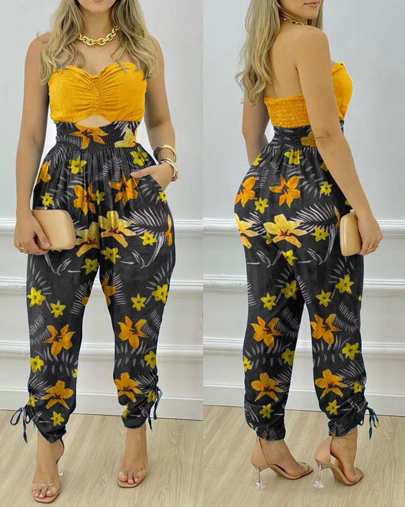 

Shirred Cutout Bandeau Floral Print Drawstring Jumpsuit, Yellow