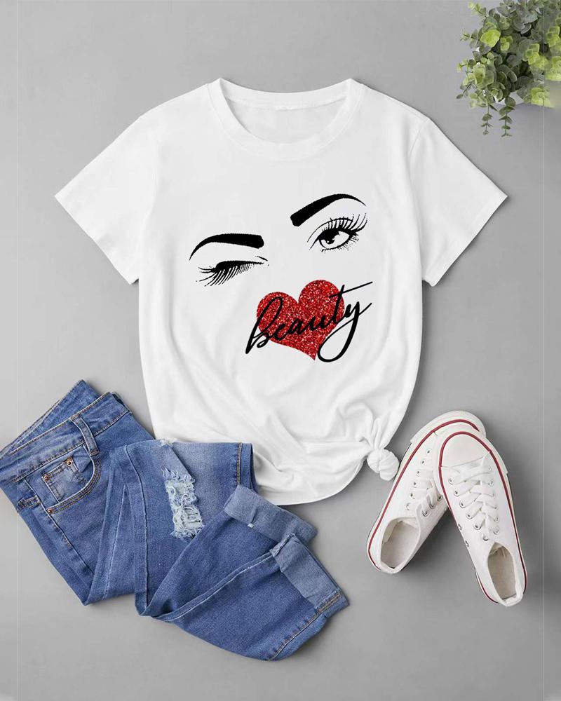 

Figure Letter Heart Print Casual T-shirt, White