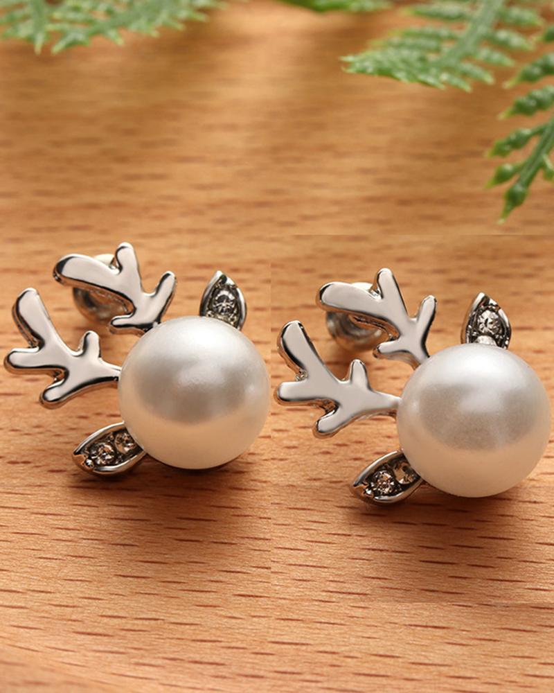 

1Pair Christmas Elk Antler Shaped Pearls Earrings, Silver