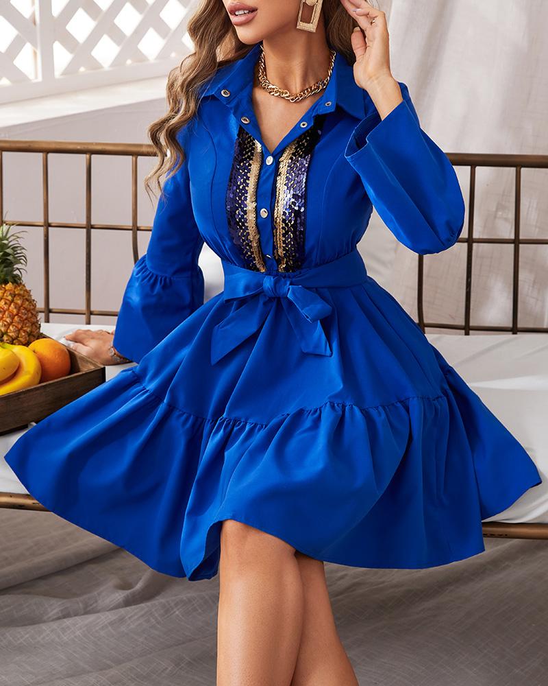 

Contrast Sequin Bell Sleeve Shirt Dress, Blue