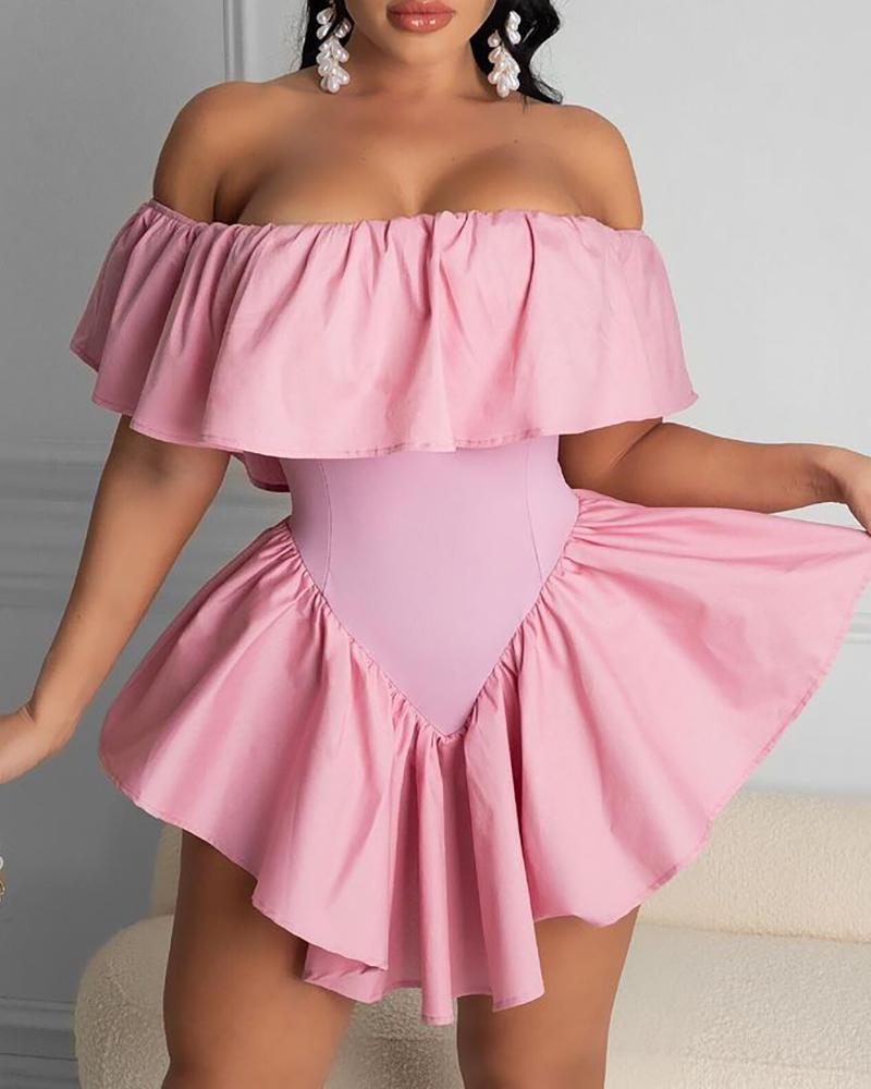 

Ruffles Trim Ruched Off Shoulder Plain Dress, Pink