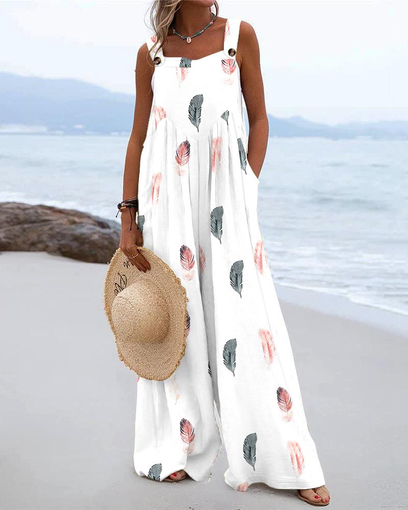 

Feather Print Wide Leg Suspender Jumpsuit, White