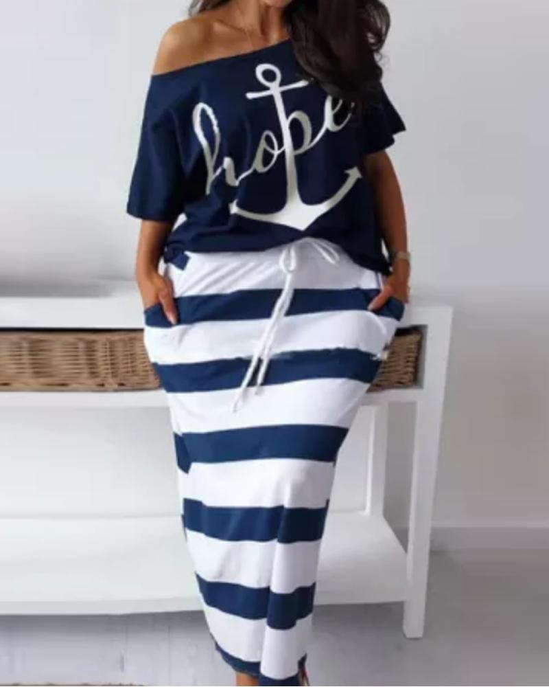 

Plus Size Anchor Letter Print Top & Striped Skirt Set, Blue