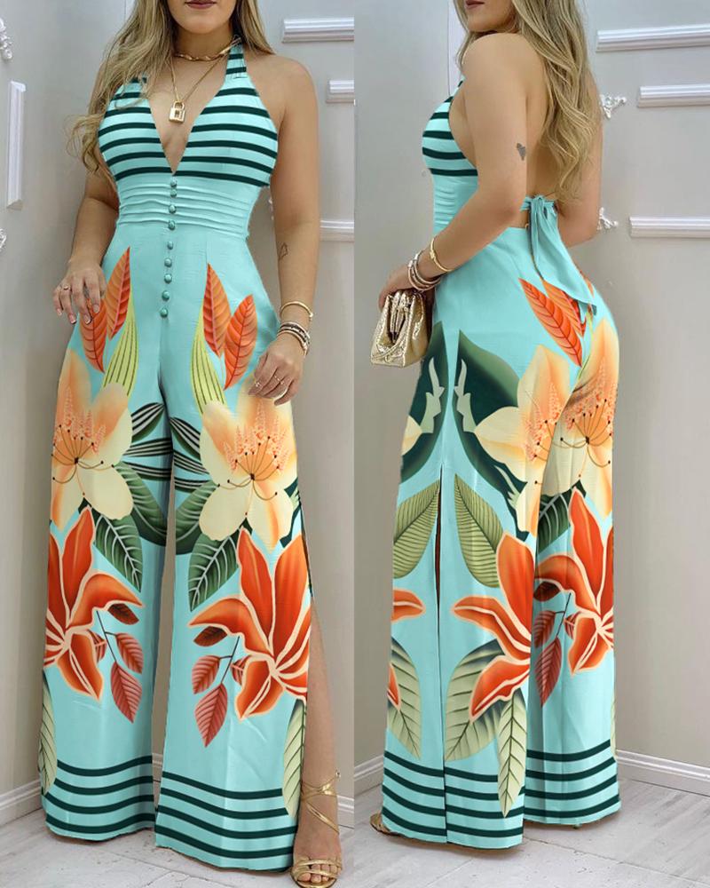 

Striped Floral Print Slit Backless Jumpsuit, Green
