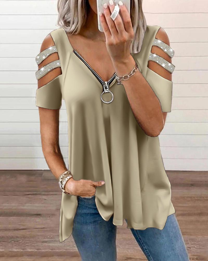 

Rhinestone Zipper Design Cutout Sleeve Top, Green