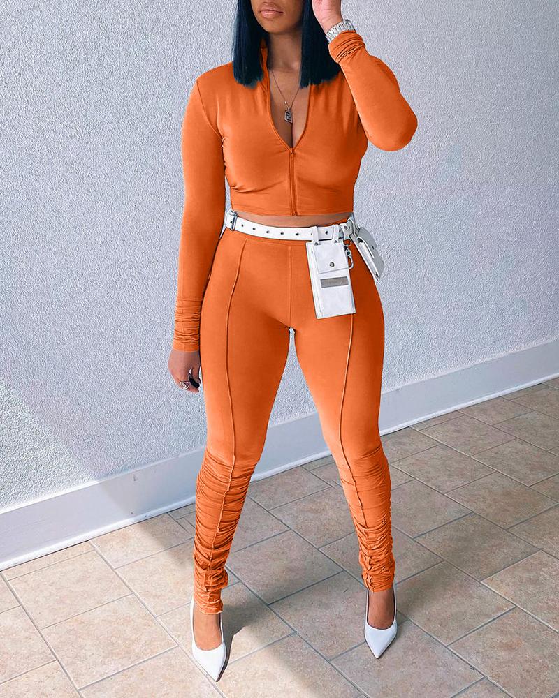 

Zipper Design Top & Ruched Skinny Pants Set, Orange