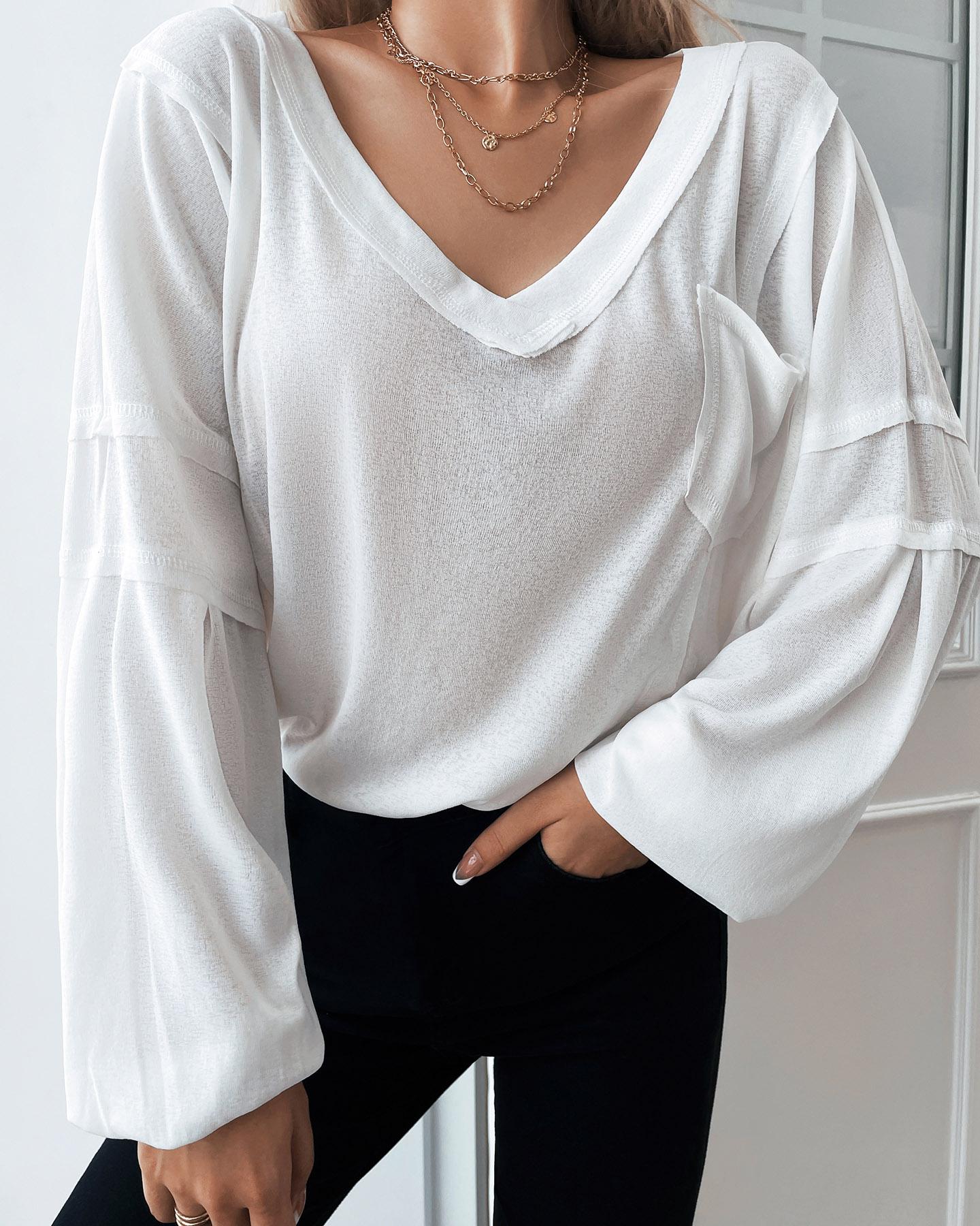 

Lantern Sleeve Pocket Design Knit V neck Top, White