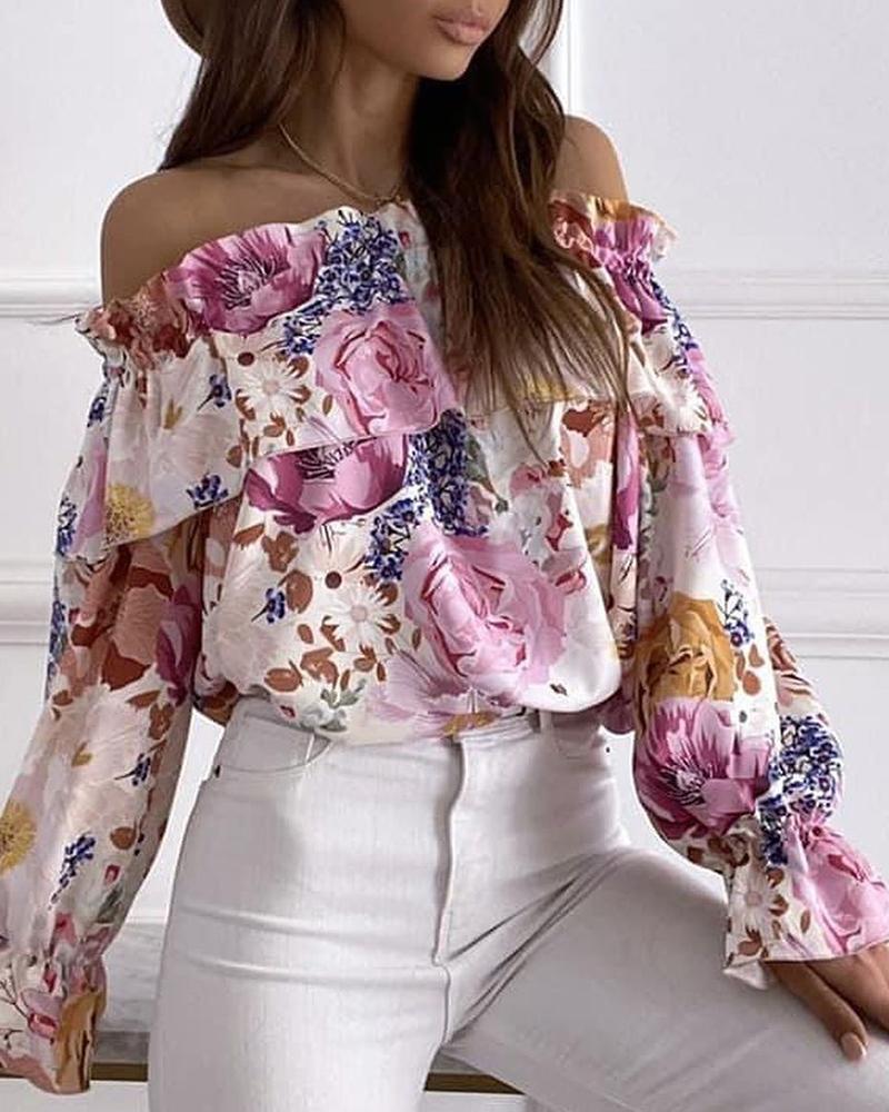 

Floral Print Frill Hem Ruffles Lantern Sleeve Top, Multicolor
