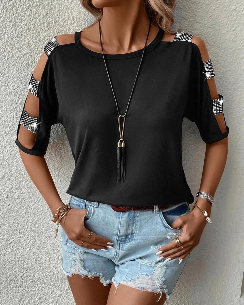 

Rhinestone Cutout Cold Shoulder Top, Black