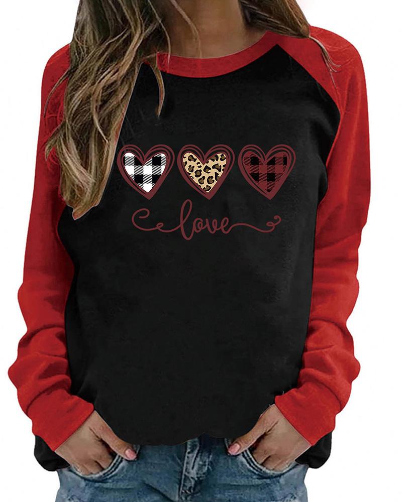 

Valentine's Day Heart Plaid Cheetah Print Long Sleeve Top, Black