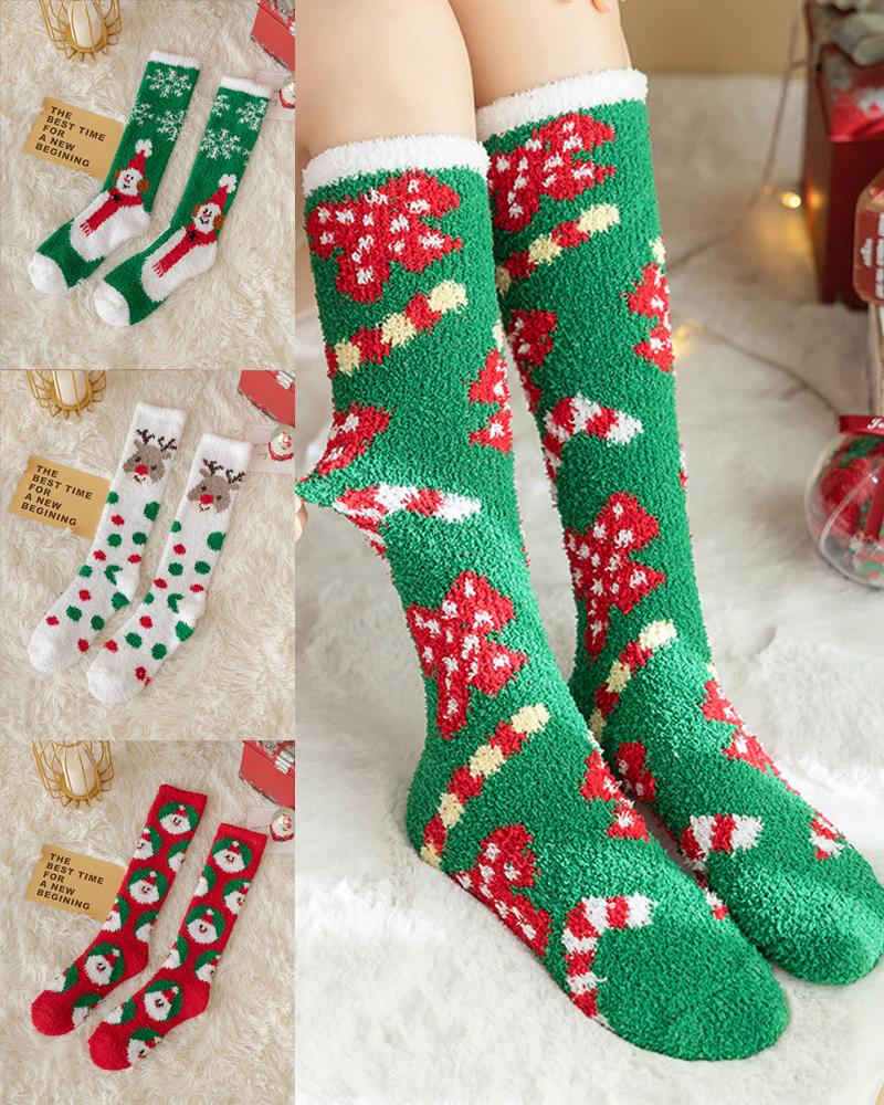 

1Pair Christmas Santa Claus Pattern Over The Calf Fluffy Socks, Style1