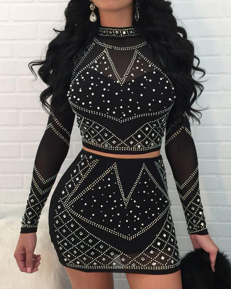 Retro Pattern Sequins Mock Skirt Sets
