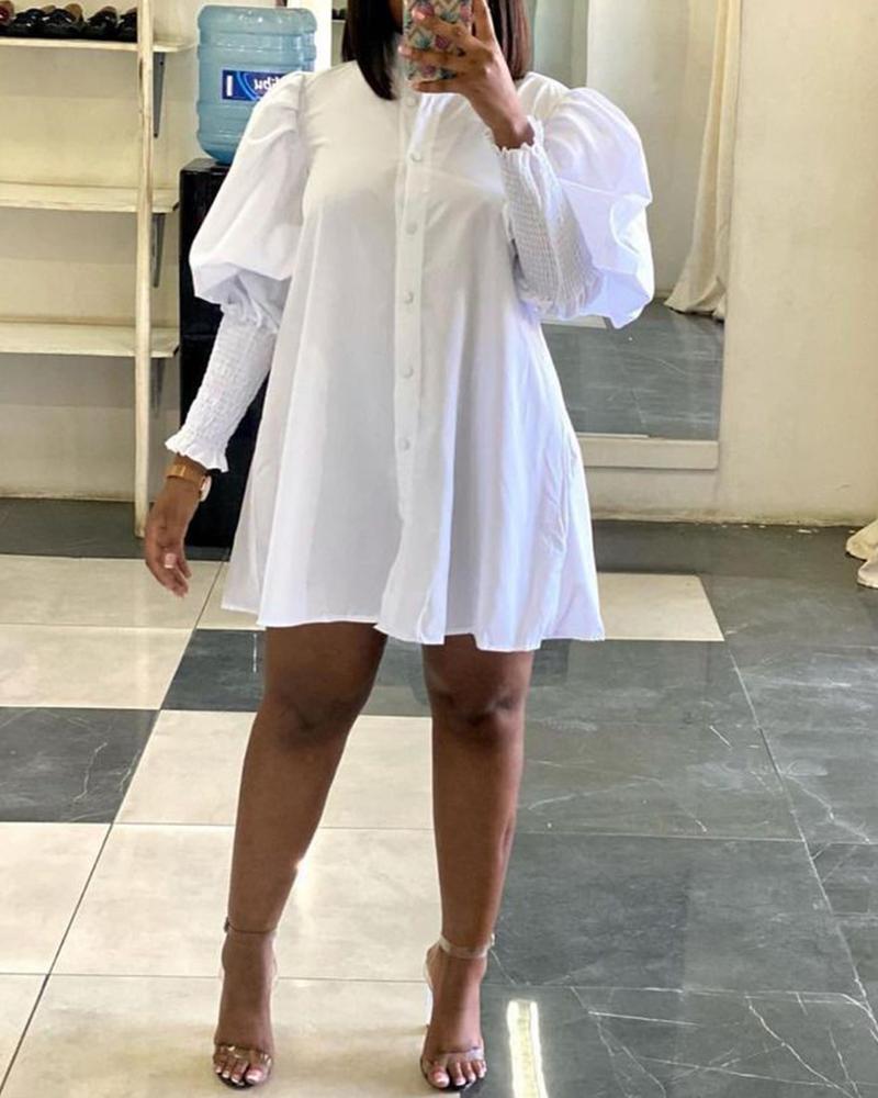 

Shirred Lantern Sleeve Button Up Shirt Dress, White