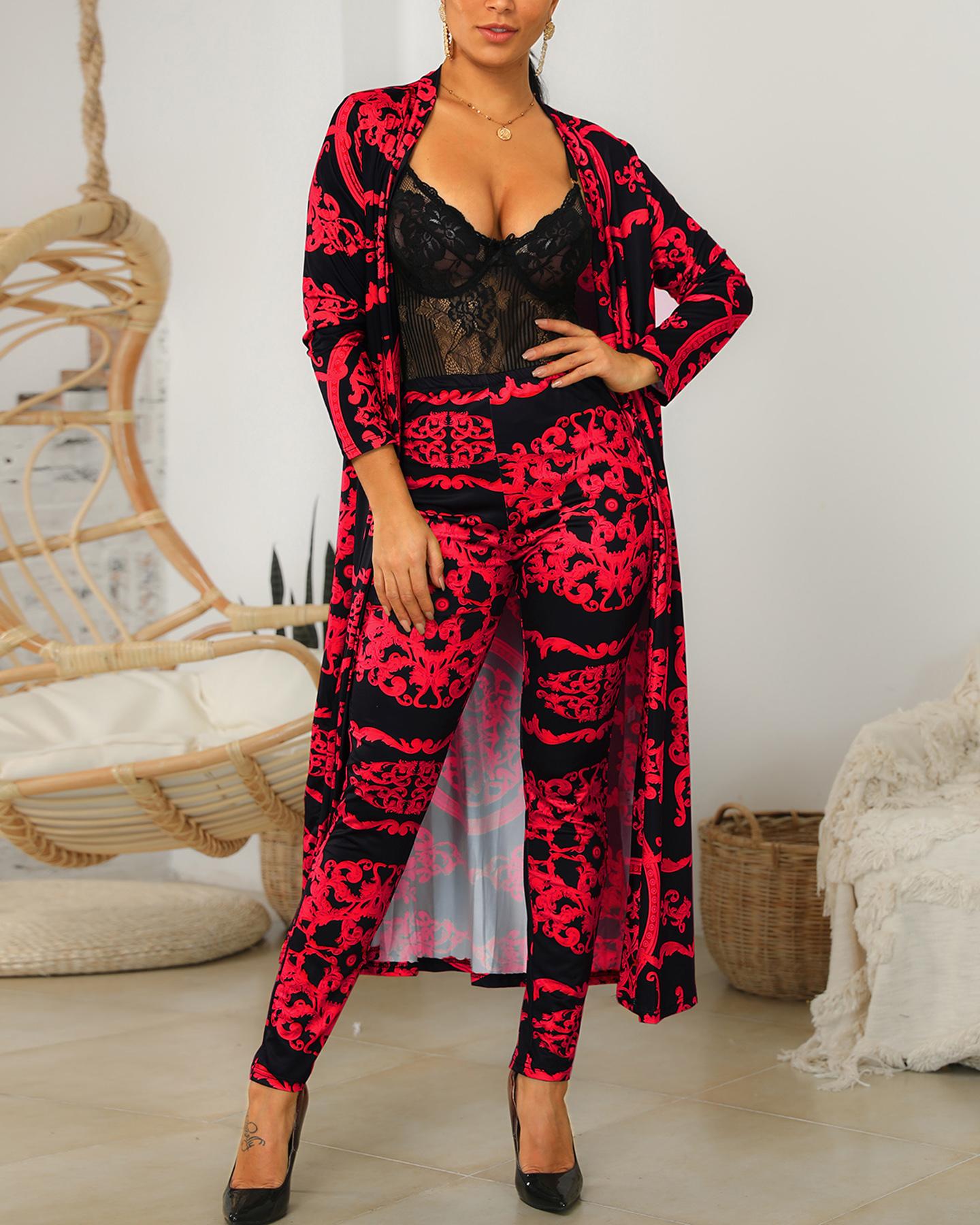 

Open Front Retro Print Cardigan & Pant Sets, Red