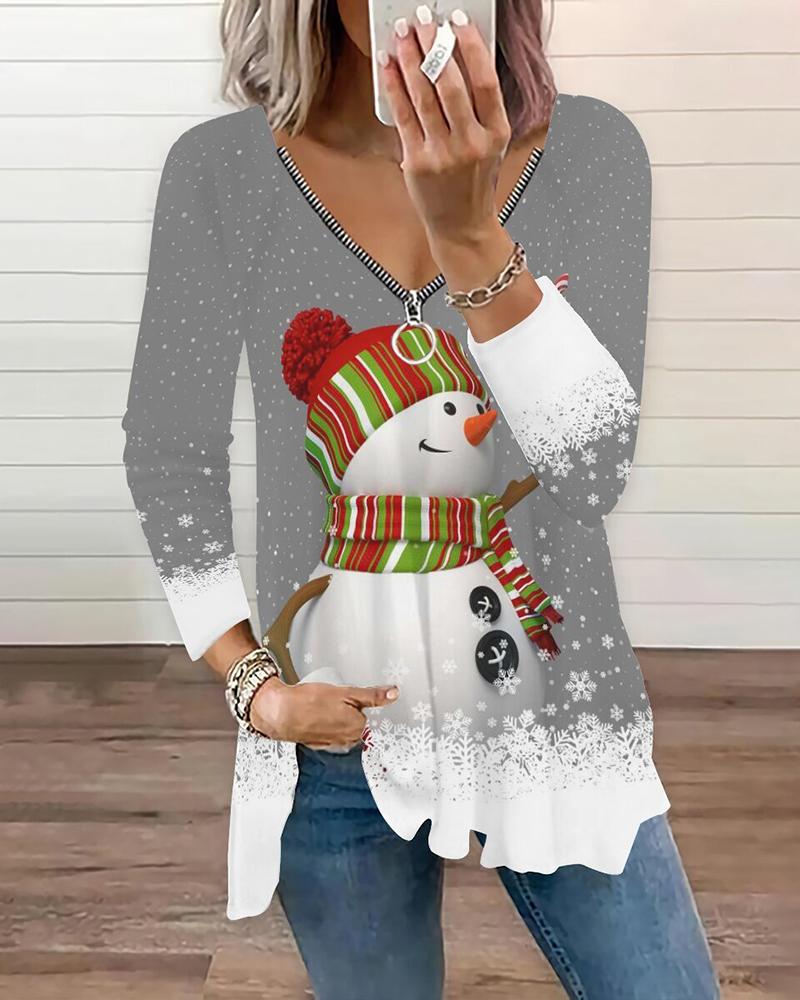 

Christmas Snowman Print Zipper Design Top, Gray